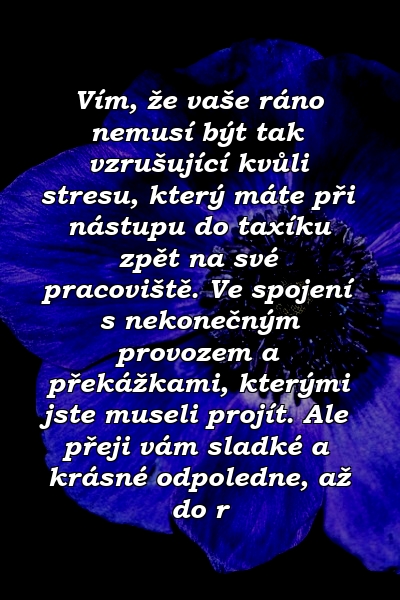 Vím, že vaše ráno nemusí být tak vzrušující kvůli stresu, který máte při nástupu do taxíku zpět na své pracoviště. Ve spojení s nekonečným provozem a překážkami, kterými jste museli projít. Ale přeji vám sladké a krásné odpoledne, až do r