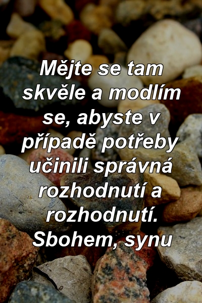 Mějte se tam skvěle a modlím se, abyste v případě potřeby učinili správná rozhodnutí a rozhodnutí. Sbohem, synu