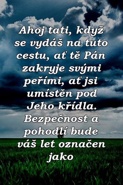 Ahoj tati, když se vydáš na tuto cestu, ať tě Pán zakryje svými peřími, ať jsi umístěn pod Jeho křídla. Bezpečnost a pohodlí bude váš let označen jako