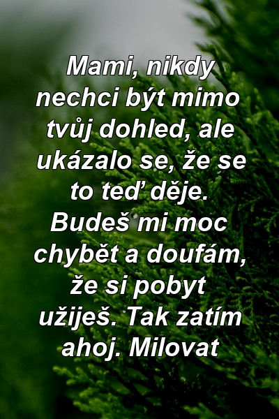 Mami, nikdy nechci být mimo tvůj dohled, ale ukázalo se, že se to teď děje. Budeš mi moc chybět a doufám, že si pobyt užiješ. Tak zatím ahoj. Milovat