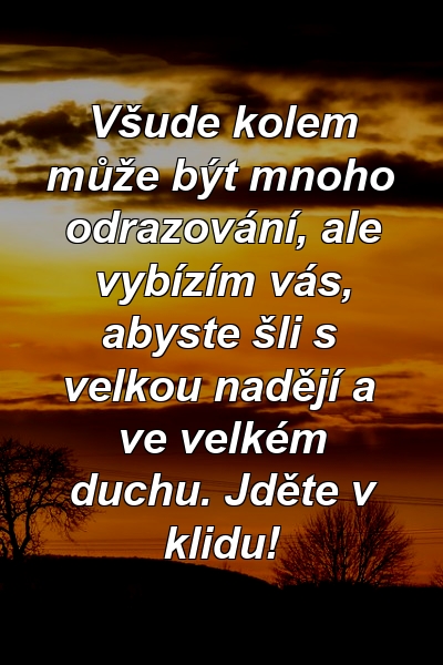 Všude kolem může být mnoho odrazování, ale vybízím vás, abyste šli s velkou nadějí a ve velkém duchu. Jděte v klidu!