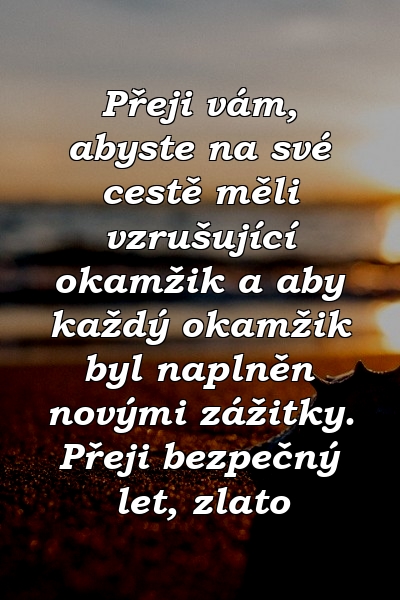 Přeji vám, abyste na své cestě měli vzrušující okamžik a aby každý okamžik byl naplněn novými zážitky. Přeji bezpečný let, zlato