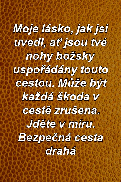 Moje lásko, jak jsi uvedl, ať jsou tvé nohy božsky uspořádány touto cestou. Může být každá škoda v cestě zrušena. Jděte v míru. Bezpečná cesta drahá