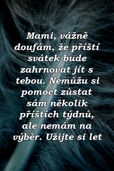 Mami, vážně doufám, že příští svátek bude zahrnovat jít s tebou. Nemůžu si pomoct zůstat sám několik příštích týdnů, ale nemám na výběr. Užijte si let