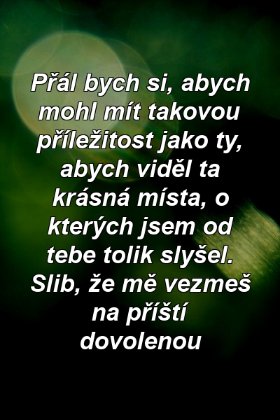 Přál bych si, abych mohl mít takovou příležitost jako ty, abych viděl ta krásná místa, o kterých jsem od tebe tolik slyšel. Slib, že mě vezmeš na příští dovolenou