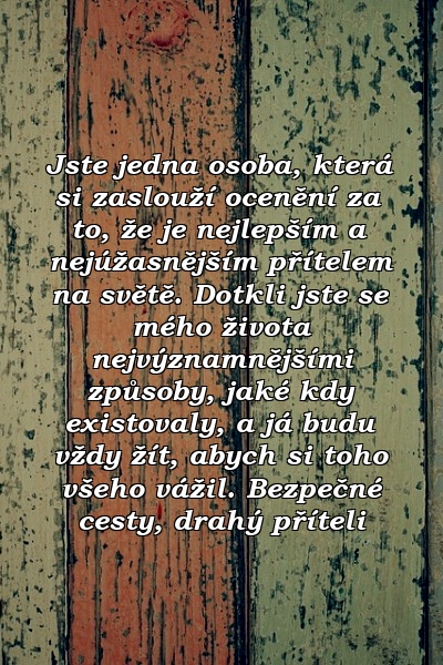 Jste jedna osoba, která si zaslouží ocenění za to, že je nejlepším a nejúžasnějším přítelem na světě. Dotkli jste se mého života nejvýznamnějšími způsoby, jaké kdy existovaly, a já budu vždy žít, abych si toho všeho vážil. Bezpečné cesty, drahý příteli