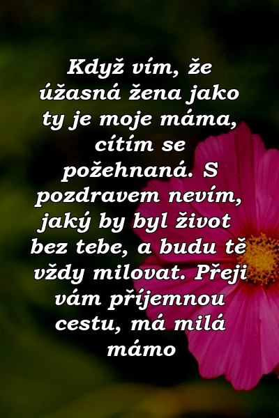 Když vím, že úžasná žena jako ty je moje máma, cítím se požehnaná. S pozdravem nevím, jaký by byl život bez tebe, a budu tě vždy milovat. Přeji vám příjemnou cestu, má milá mámo