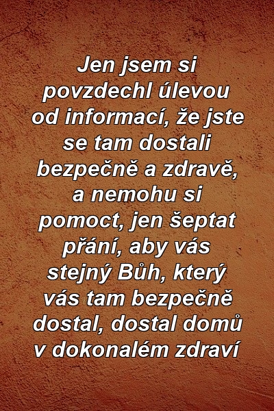 Jen jsem si povzdechl úlevou od informací, že jste se tam dostali bezpečně a zdravě, a nemohu si pomoct, jen šeptat přání, aby vás stejný Bůh, který vás tam bezpečně dostal, dostal domů v dokonalém zdraví