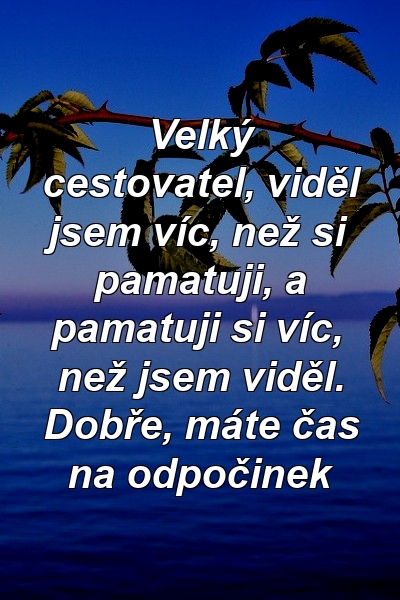 Velký cestovatel, viděl jsem víc, než si pamatuji, a pamatuji si víc, než jsem viděl. Dobře, máte čas na odpočinek