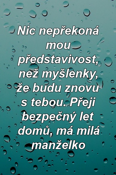 Nic nepřekoná mou představivost, než myšlenky, že budu znovu s tebou. Přeji bezpečný let domů, má milá manželko