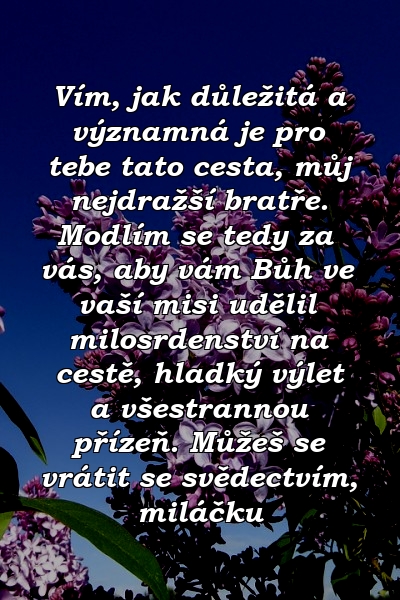 Vím, jak důležitá a významná je pro tebe tato cesta, můj nejdražší bratře. Modlím se tedy za vás, aby vám Bůh ve vaší misi udělil milosrdenství na cestě, hladký výlet a všestrannou přízeň. Můžeš se vrátit se svědectvím, miláčku