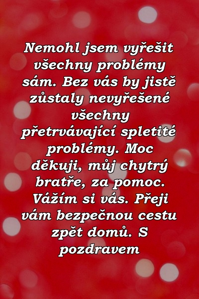 Nemohl jsem vyřešit všechny problémy sám. Bez vás by jistě zůstaly nevyřešené všechny přetrvávající spletité problémy. Moc děkuji, můj chytrý bratře, za pomoc. Vážím si vás. Přeji vám bezpečnou cestu zpět domů. S pozdravem