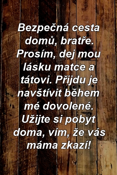 Bezpečná cesta domů, bratře. Prosím, dej mou lásku matce a tátovi. Přijdu je navštívit během mé dovolené. Užijte si pobyt doma, vím, že vás máma zkazí!