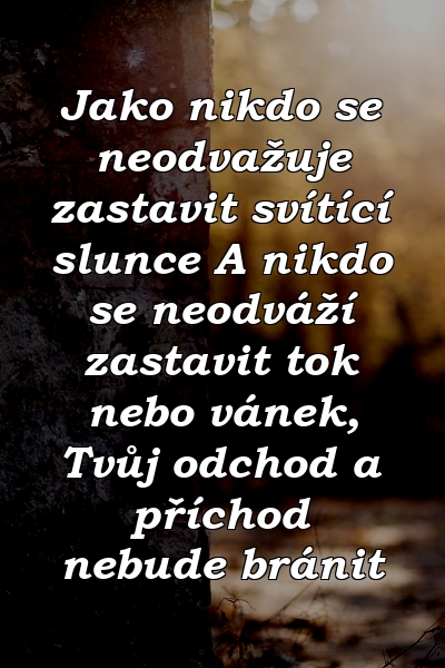 Jako nikdo se neodvažuje zastavit svítící slunce A nikdo se neodváží zastavit tok nebo vánek, Tvůj odchod a příchod nebude bránit