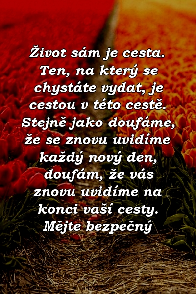 Život sám je cesta. Ten, na který se chystáte vydat, je cestou v této cestě. Stejně jako doufáme, že se znovu uvidíme každý nový den, doufám, že vás znovu uvidíme na konci vaší cesty. Mějte bezpečný