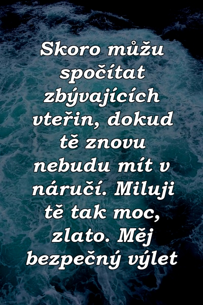 Skoro můžu spočítat zbývajících vteřin, dokud tě znovu nebudu mít v náručí. Miluji tě tak moc, zlato. Měj bezpečný výlet