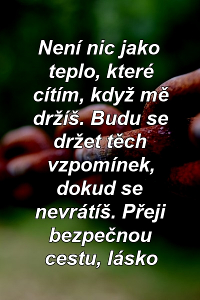 Není nic jako teplo, které cítím, když mě držíš. Budu se držet těch vzpomínek, dokud se nevrátíš. Přeji bezpečnou cestu, lásko