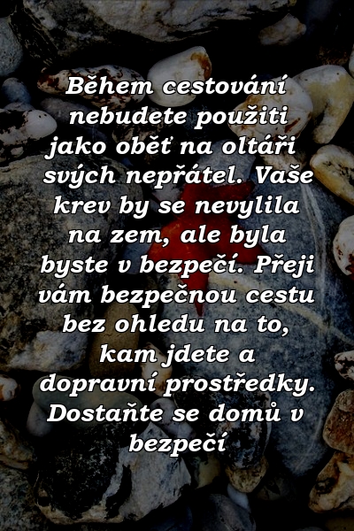 Během cestování nebudete použiti jako oběť na oltáři svých nepřátel. Vaše krev by se nevylila na zem, ale byla byste v bezpečí. Přeji vám bezpečnou cestu bez ohledu na to, kam jdete a dopravní prostředky. Dostaňte se domů v bezpečí