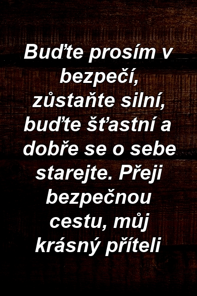 Buďte prosím v bezpečí, zůstaňte silní, buďte šťastní a dobře se o sebe starejte. Přeji bezpečnou cestu, můj krásný příteli