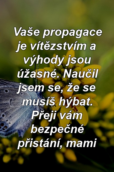 Vaše propagace je vítězstvím a výhody jsou úžasné. Naučil jsem se, že se musíš hýbat. Přeji vám bezpečné přistání, mami